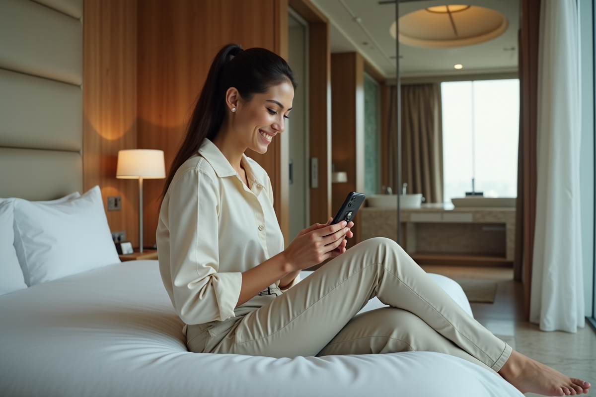 Femme souriante sur lit dans suite Burj Khalifa