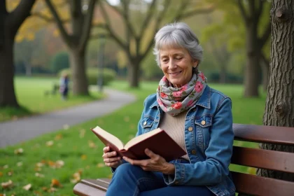 Femme lisant dans un parc urbain en denim et foulard