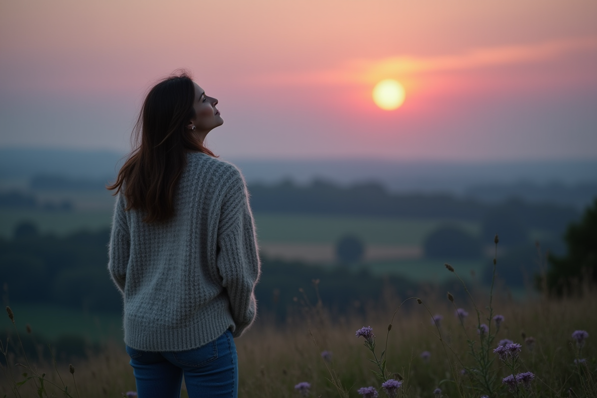 Femme regardant la pleine lune rose dans un paysage rural