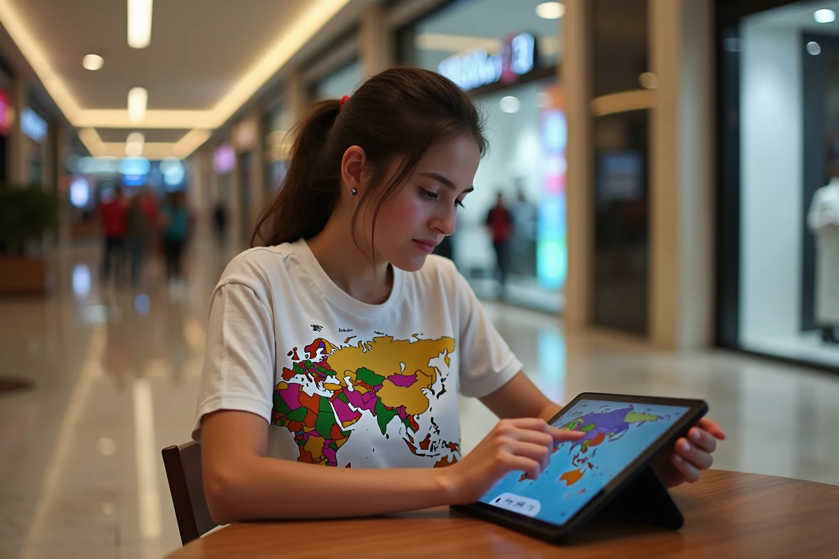 Jeune femme asiatique utilisant une tablette dans un centre commercial