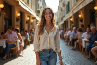 Jeune femme marchant dans la rue d'Aix en Provence