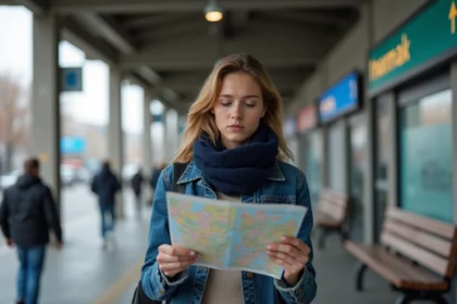 Jeune femme regardant une carte à Montréal en automne