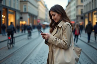 Femme consultant une application de navigation multimodale sur smartphone à un carrefour urbain animé
