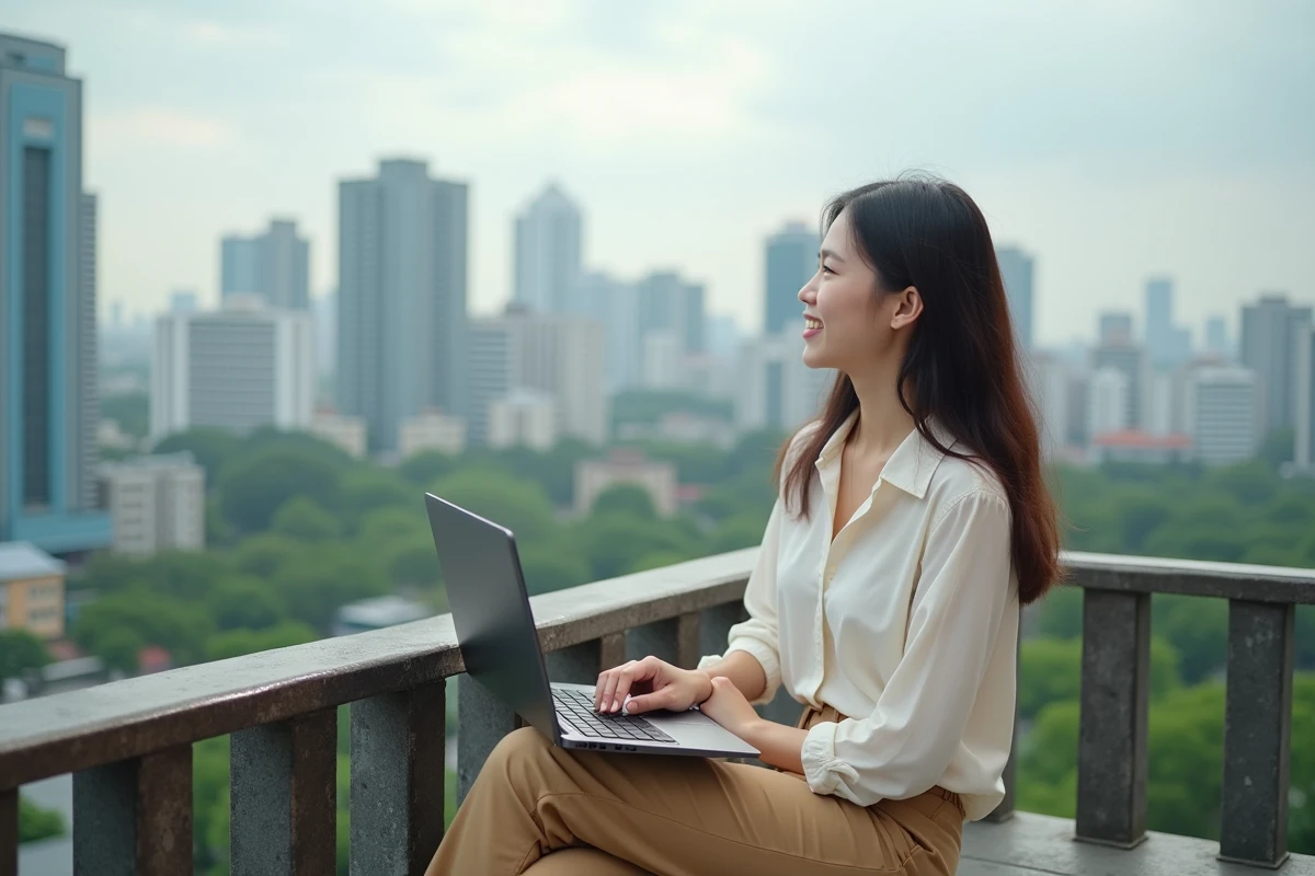 Femme nomade digitale profitant de la vue sur Manille