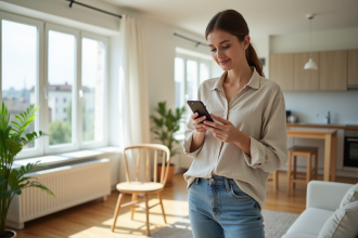 Jeune femme avec smartphone dans un appartement lumineux