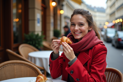 Jeune femme souriante avec trench rouge dégustant un croissant à Paris
