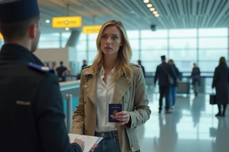 Femme avec passeport à l'aéroport en attente