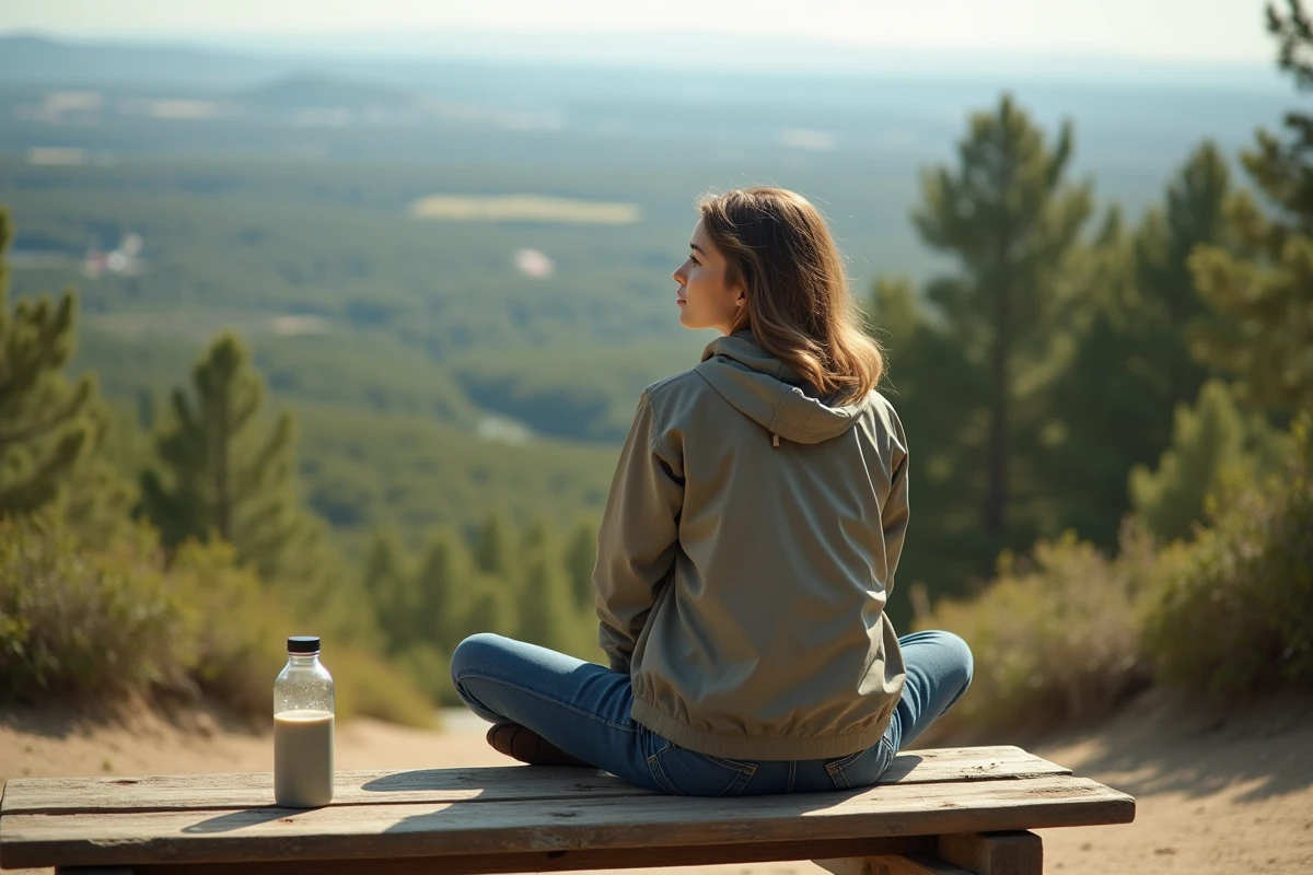 Femme détendue assise sur un banc dans le parc Espagne Aventura