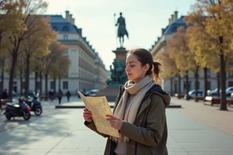 Jeune femme devant la statue Marianne à Paris