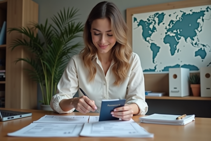 Jeune femme examine ses documents de voyage dans un bureau moderne