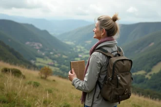 Femme en randonnée contemplant le paysage volcanique d'Auvergne