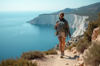 Femme en randonnée sur la côte grecque avec mer bleue