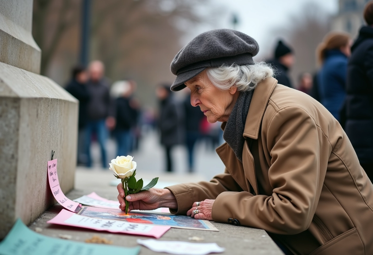 Femme âgée déposant une rose au mémorial de la place de la République