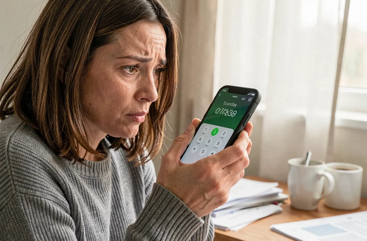 Femme tenant un smartphone affichant un indicatif téléphonique international avant un numéro de téléphone