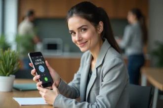 Femme tenant un smartphone affichant un numéro de téléphone italien avec l'indicatif +39 sur l'écran de composition