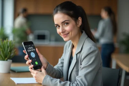 Femme tenant un smartphone affichant un numéro de téléphone italien avec l'indicatif +39 sur l'écran de composition