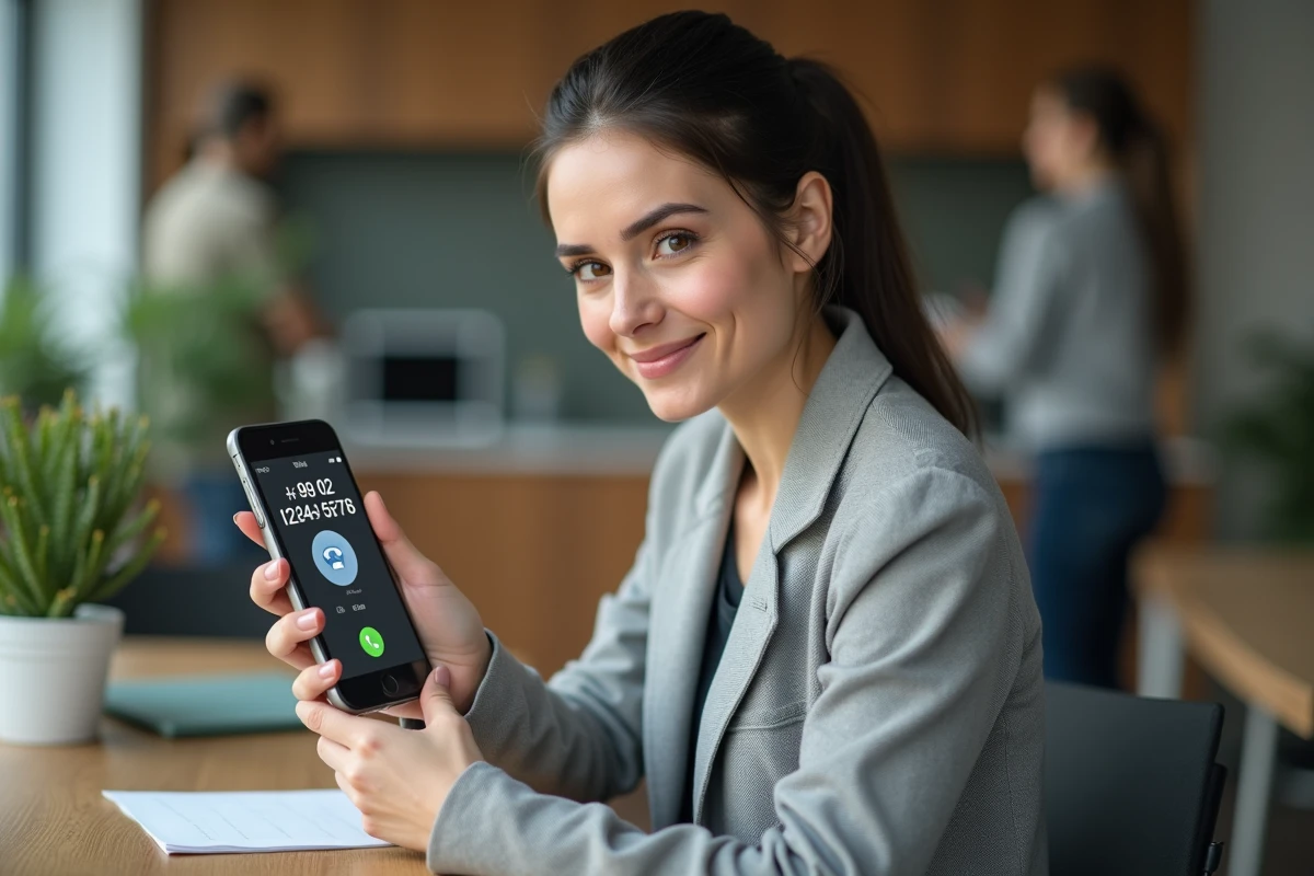 Femme tenant un smartphone affichant un numéro de téléphone italien avec l'indicatif +39 sur l'écran de composition