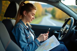 Jeune femme avec smartphone en voyage dans sa voiture