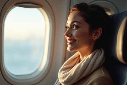 Jeune femme souriante près d une fenêtre d avion