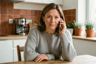 Femme au téléphone avec le service client SNCF depuis sa cuisine, attendant une réponse à sa demande d'assistance