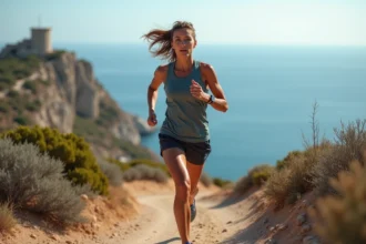 Femme en trail course sur un sentier côtier rocheux