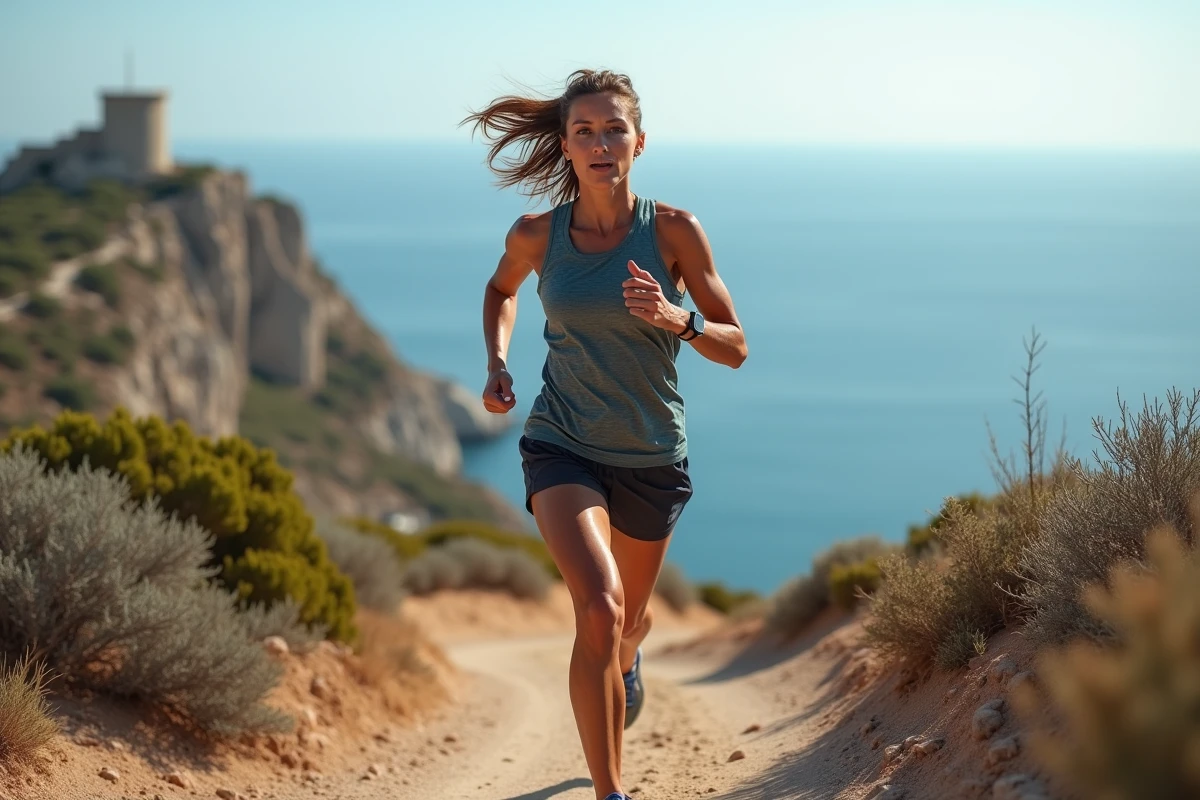 Femme en trail course sur un sentier côtier rocheux