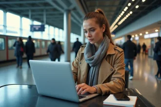 Jeune femme en trench et écharpe dans une gare moderne