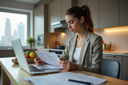 Femme concentrée à la maison avec documents et passeport