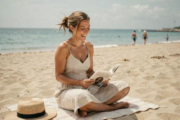 Femme en vacances sur la plage lisant un livre, illustrant l'orthographe correcte de bonnes vacances