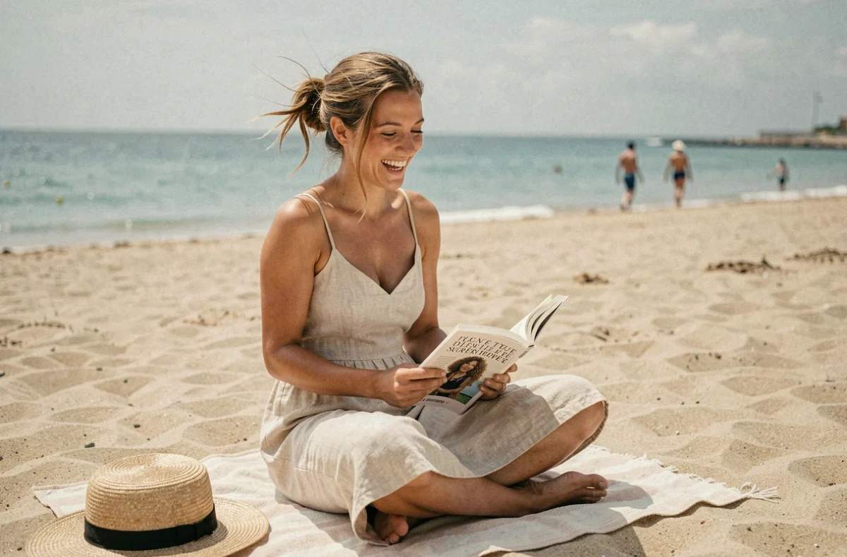 Femme en vacances sur la plage lisant un livre, illustrant l'orthographe correcte de bonnes vacances