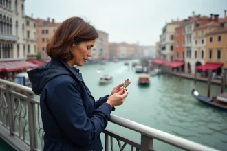 Femme curieuse sur un vaporetto à Venise avec le Grand Canal en arrière-plan