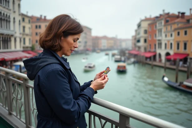Femme curieuse sur un vaporetto à Venise avec le Grand Canal en arrière-plan