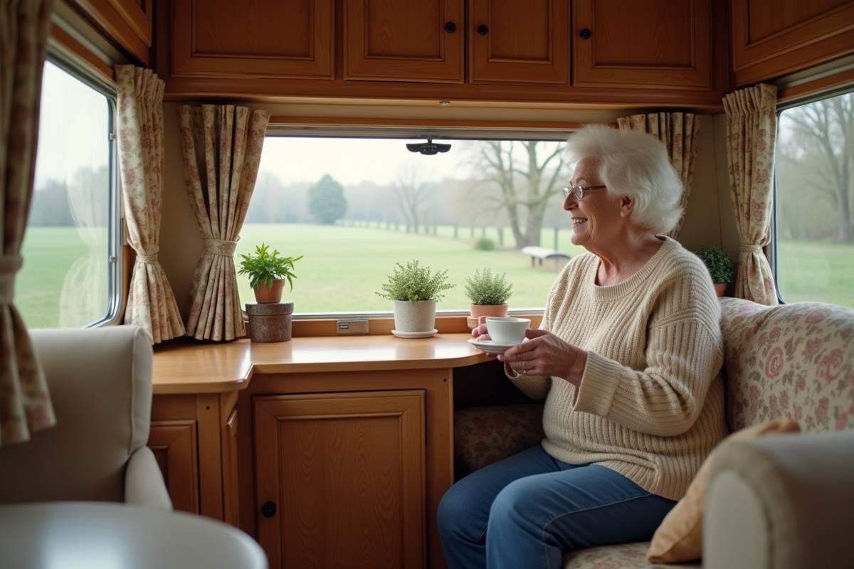 Femme âgée dans une caravane vintage souriant en buvant du thé