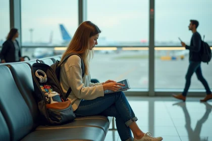 Jeune femme organisant ses affaires à l'aéroport