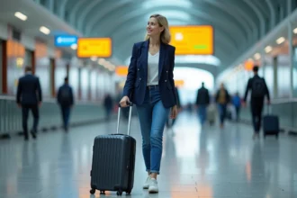 Jeune femme avec valise dans un aéroport européen