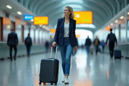 Jeune femme avec valise dans un aéroport européen