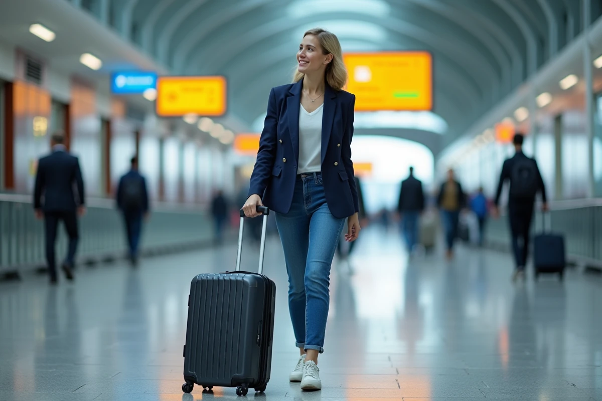 Jeune femme avec valise dans un aéroport européen