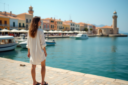 Femme regardant le port de Chania avec phare et bâtiments colorés