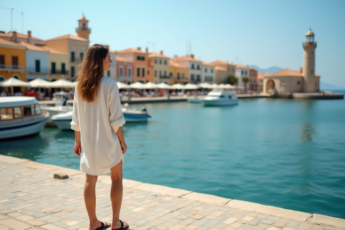 Femme regardant le port de Chania avec phare et bâtiments colorés