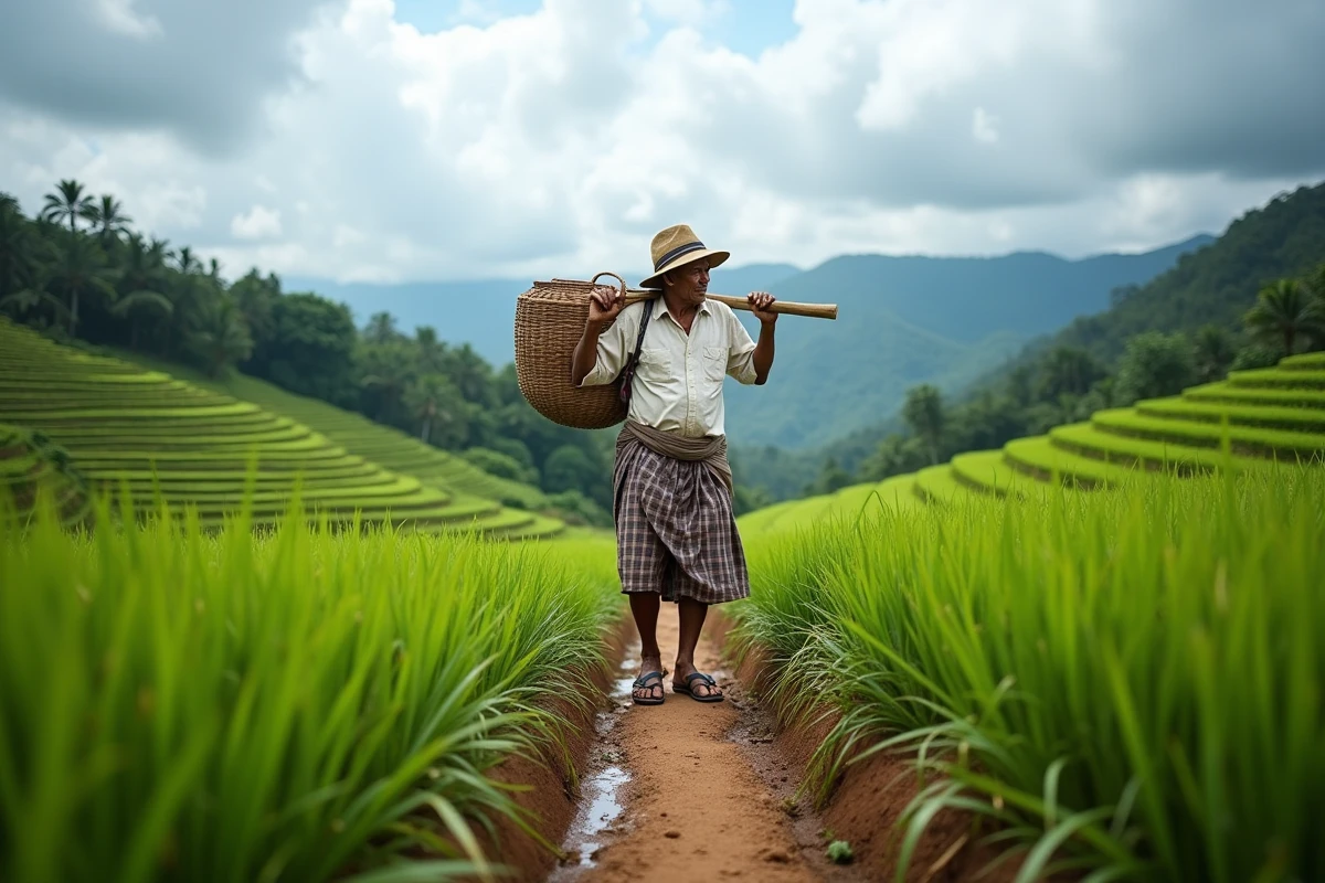 Fermier balinais portant un panier dans les rizières