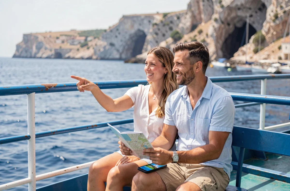 Couple de voyageurs à petit budget sur le ferry entre Malte et Gozo, consultant une application de voyage avec vue sur le port de Mġarr