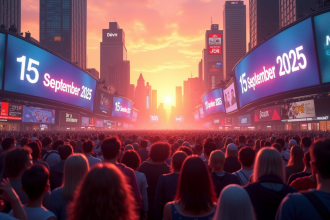 Foule dans une ville futuriste au coucher du soleil avec affiches 15 septembre 2025