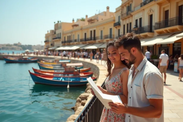 Touristes consultant une carte sur le front de mer de Saint-Julien à Malte avec des bateaux traditionnels luzzus amarrés dans le port