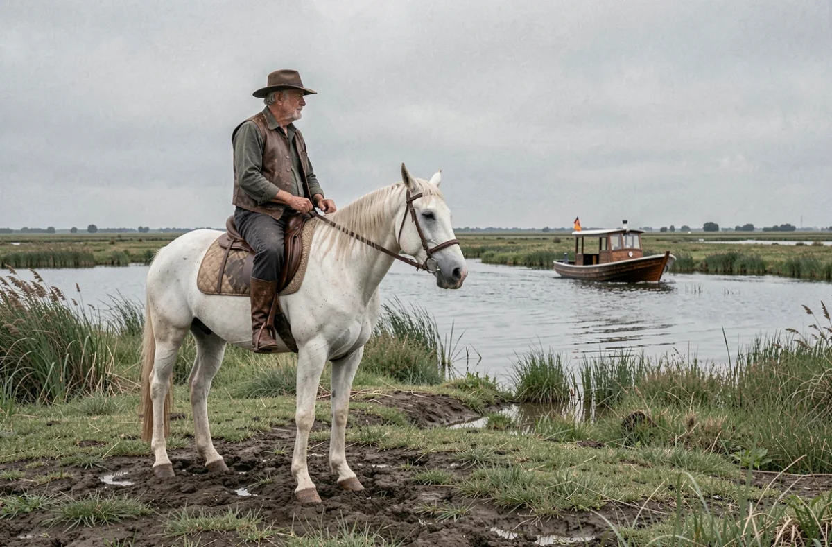 Gardian camarguais à cheval sur la berge d'un étang observant un bateau de croisière dans les manades de Camargue