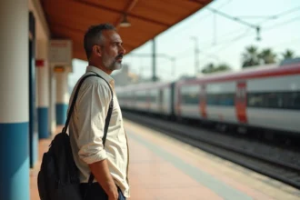 Voyageur tunisien sur le quai de la gare de Monastir attendant le train pour Tunis
