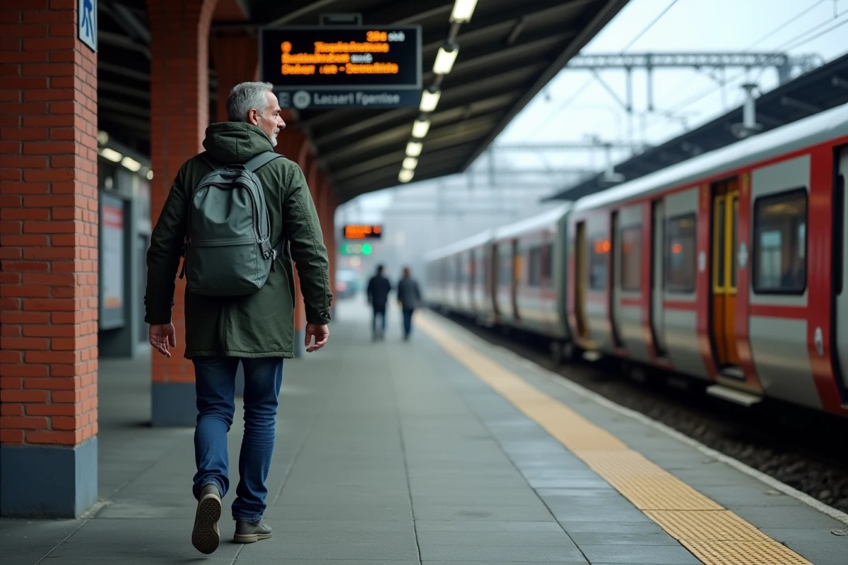 Voyageur descendant d'un train régional sur le quai de la gare de Pétange au Luxembourg, avec panneau de destination visible