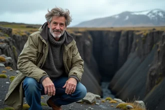 Géologue islandais près d'une faille à Þingvellir
