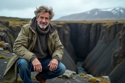 Géologue islandais près d'une faille à Þingvellir