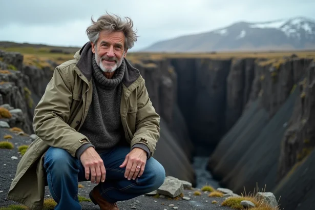 Géologue islandais près d'une faille à Þingvellir