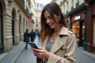 Femme consultant Google Maps itinéraire à pied sur son smartphone dans une rue urbaine